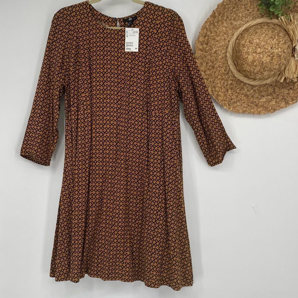 H&M Womens Floral Printβ3/4 Sleeves Viscose Shift Dress Black Orange Size 14 NWT